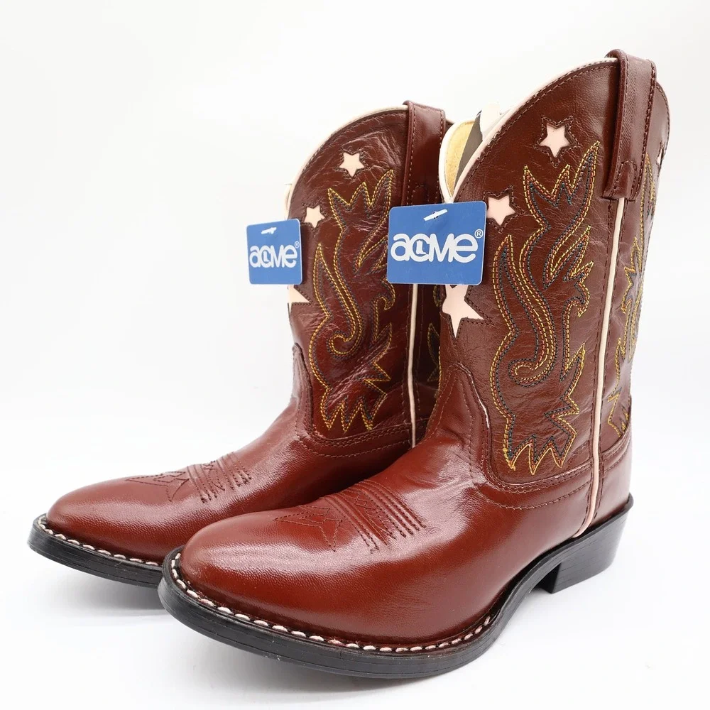 Acme Vintage Style Western Boots Kids 3 Brown Leather NWT AC146 Star Inlay